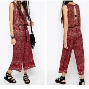 Free People Boho Red Black Floral Crop Jumpsuit Size Medium